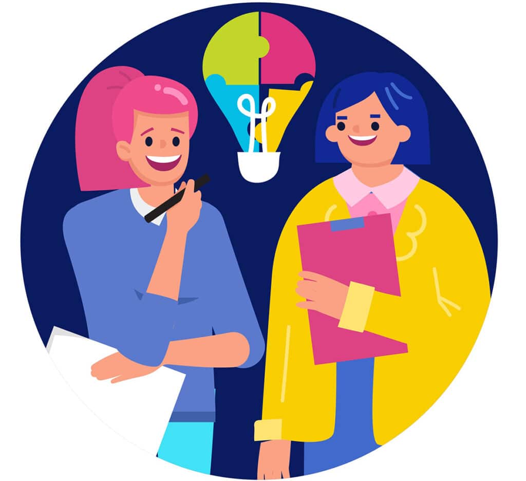 Zwei Figuren stehen nebeneinander mit einer Glühbirne dazwischen, die ein Zeichen für neue Ideen ist, und tauschen neue Ideen und Methoden  durch Social Media Recruiting aus.