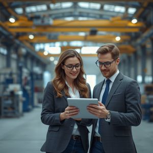 Personalberatung im Maschinenbau: Zwei Fachleute besprechen eine Besetzung in einer Produktionshalle